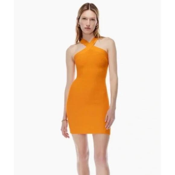 Babaton Sculpt Knit Criss Cross Mini Dress Ribbed halter Stretch Orange Medium - Picture 1 of 12